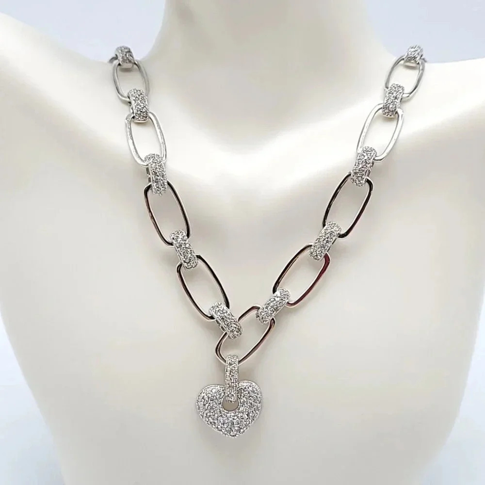 Sterling Silver .925 FAS Pave CZ Rectangle Link Necklace with CZ Heart Charm